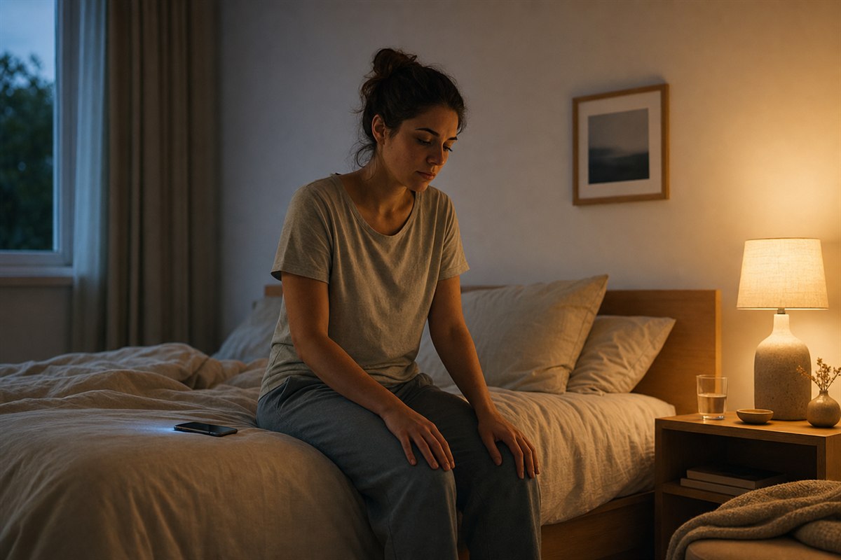 Tired adult sitting on the edge of a bed in a softly lit bedroom at night.