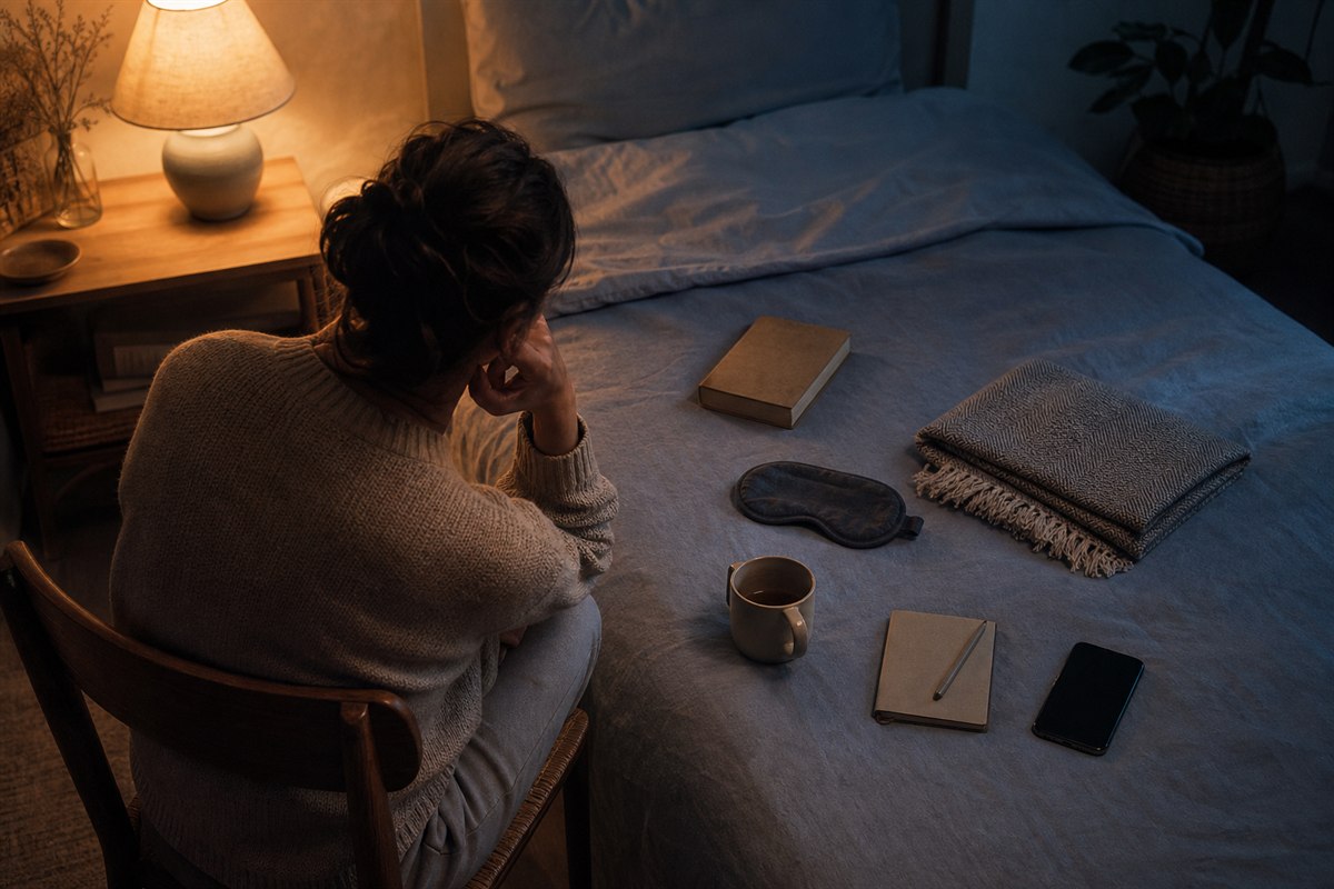 Adult facing several ordinary wind-down options arranged on a bed late at night.