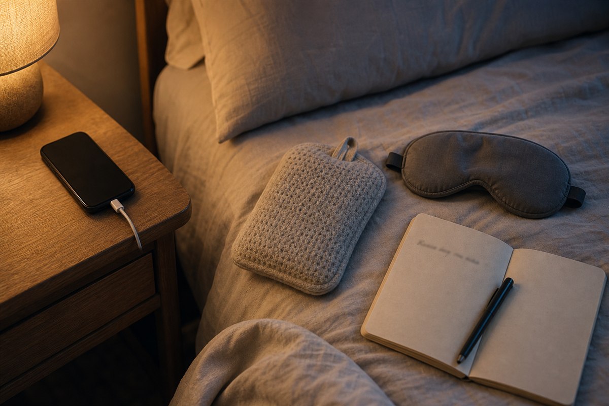 Phone charging beside a heating pad, eye mask, notebook, and pen in a quiet bedroom.