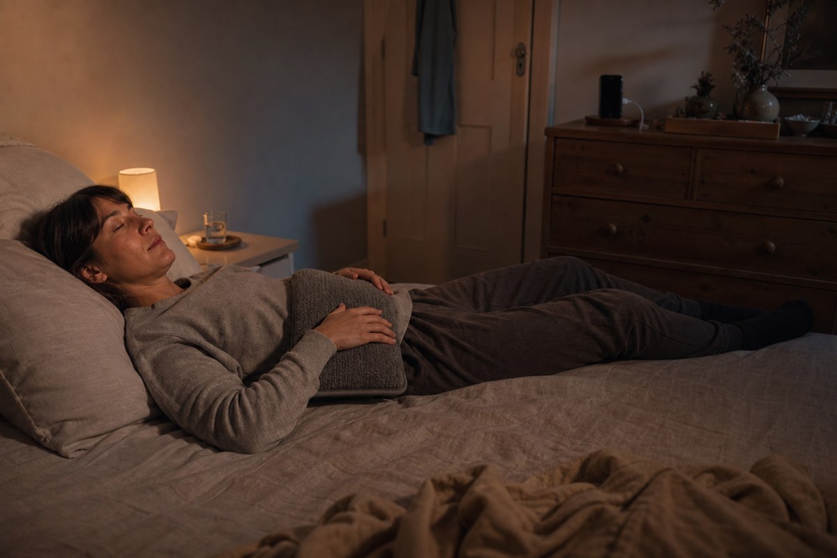 Adult resting with a warm pad while a phone charges out of reach across the room.