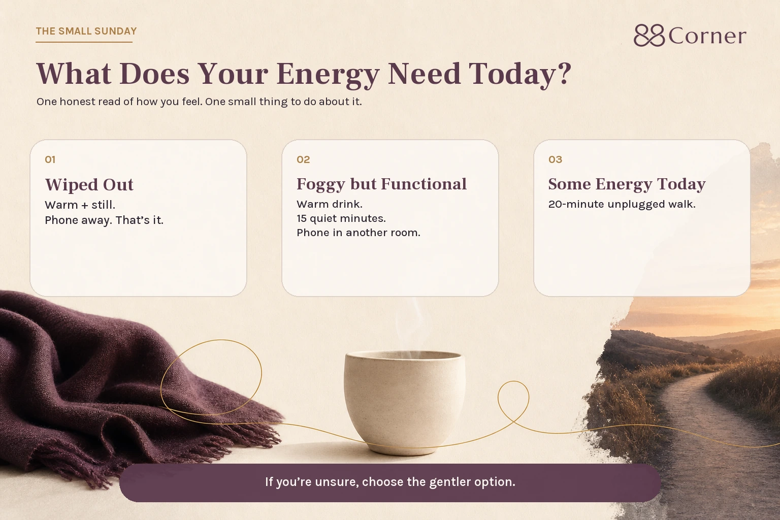 The Small Sunday energy check-in from 88 Corner: rest with your phone away if you’re wiped out, take 15 quiet minutes with a warm drink if you’re foggy but functional, or take a 20-minute unplugged walk if you have some energy today.