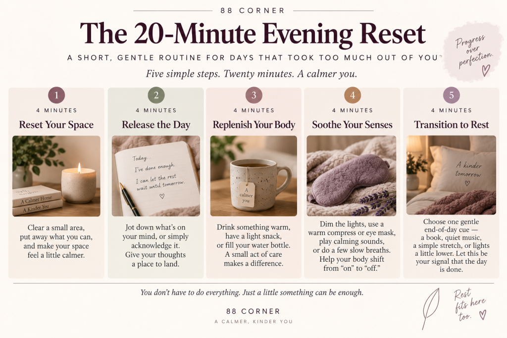 The 20-Minute Evening Reset — Transition, Comfort, and Close in three timed segments