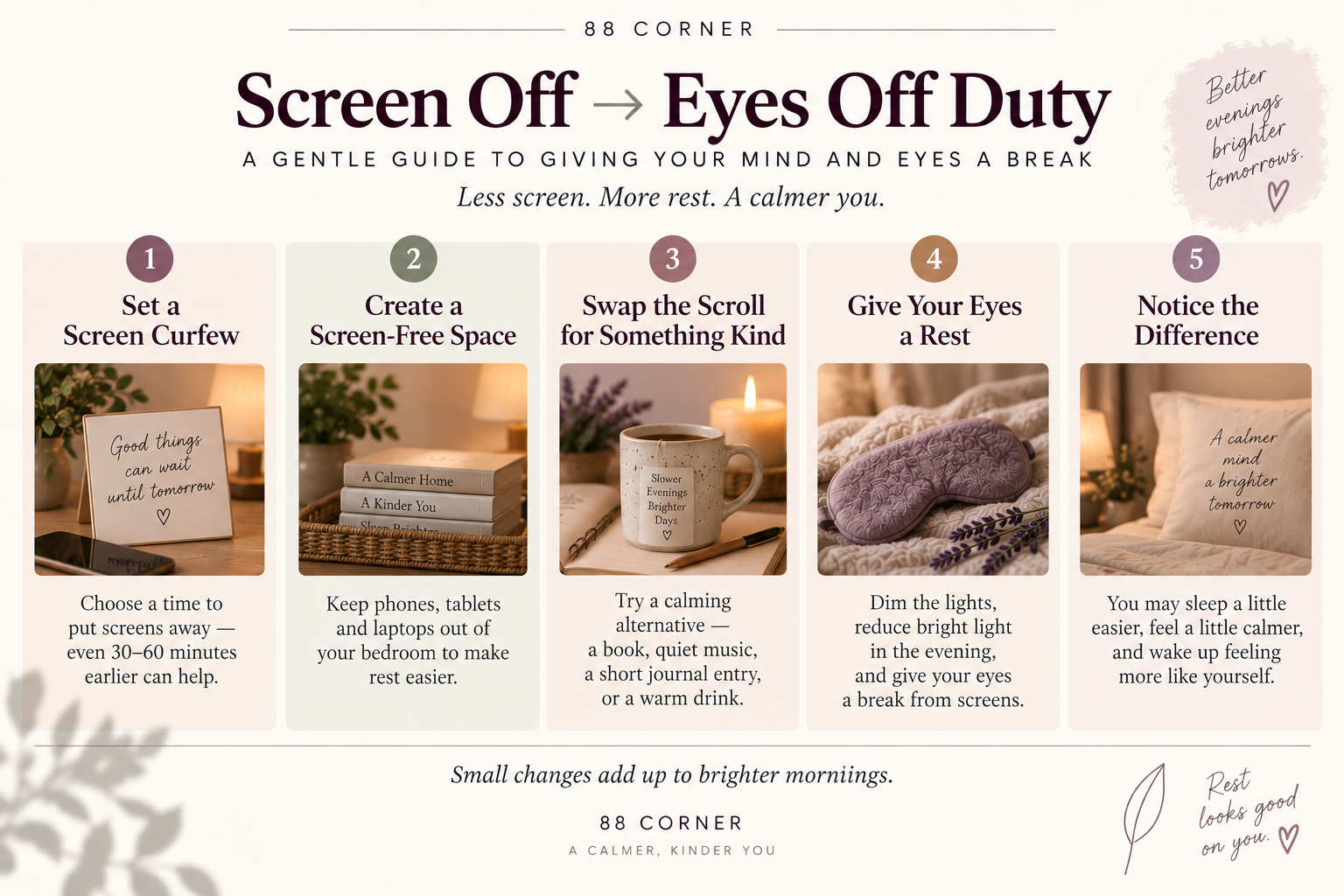 Screen Off → Eyes Off Duty — a five-step screen-to-rest transition for tired eyes after a day of screens